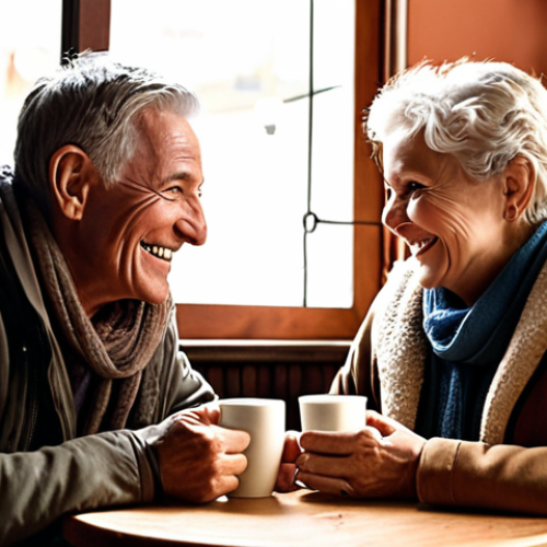 Reconnecting with Old Contacts**

Prompt: A warm, inviting scene of two people, possibly old friends or former colleagues, reconnecting over coffee in a cozy cafe. Emphasis on genuine smiles, comfortable conversation, and rekindled connection. Suggests a heartfelt reunion and re-establishment of a bond.

**
